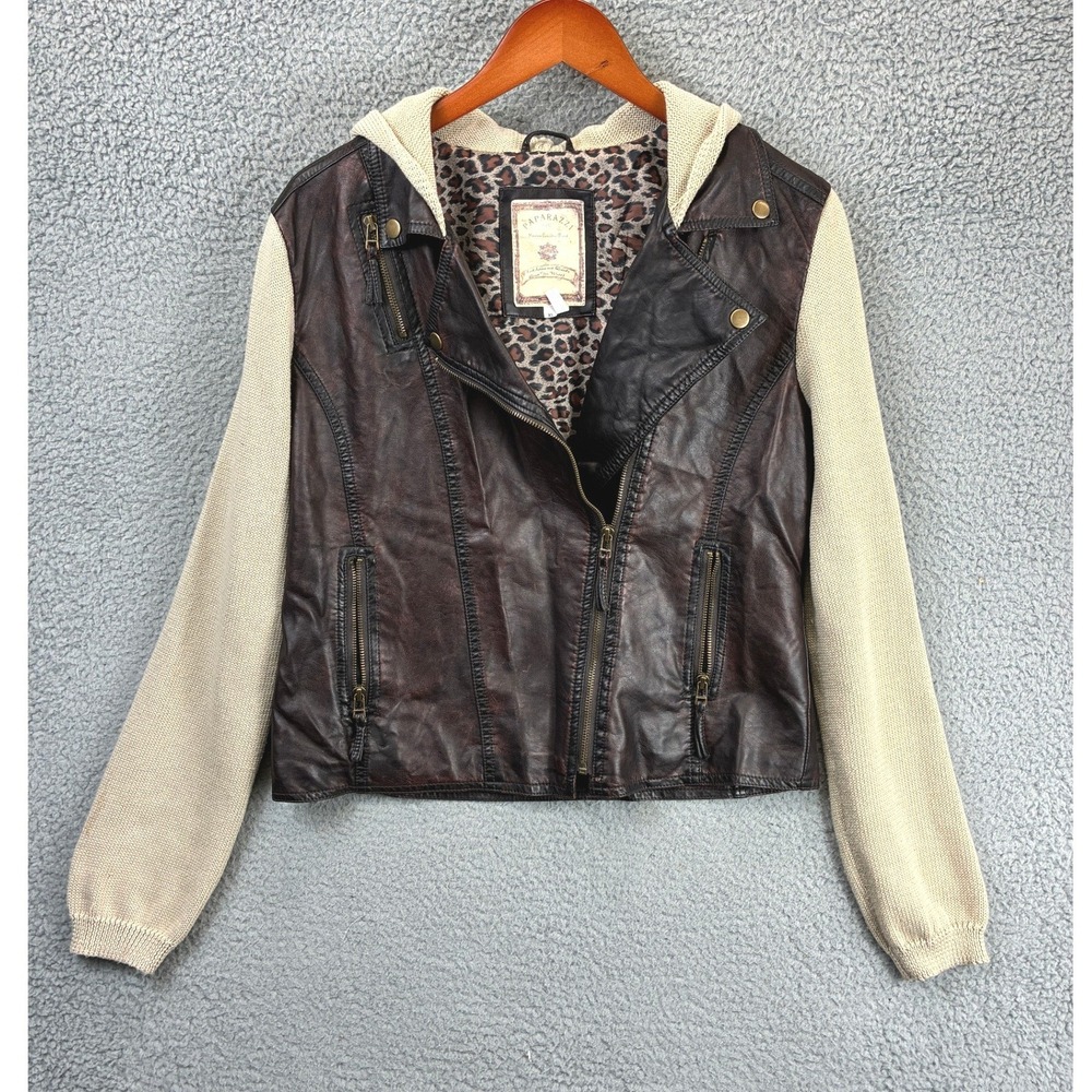 Paparazzi Knit Sleeve Moto Jacket Womens XL Brown Faux Leather Hooded Bikercore